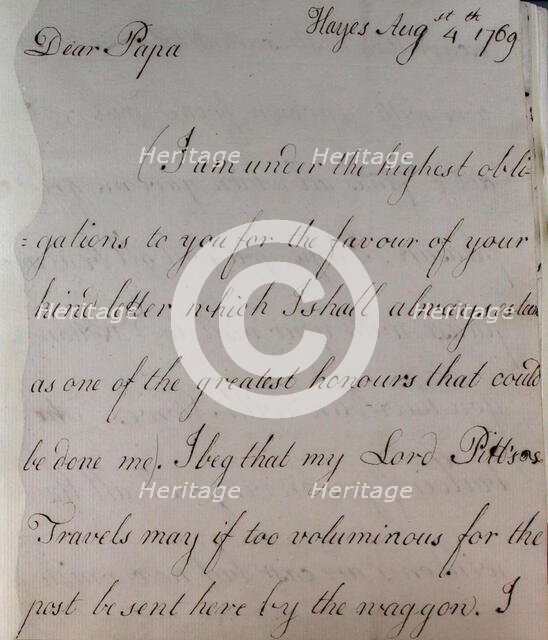 Letter from William Pitt, 1769. Creator: William Pitt the Younger.
