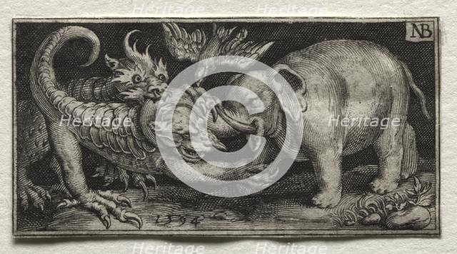 Elephant Fighting two Beasts, 1594. Creator: Nicolaes de Bruyn (Netherlandish, 1571-1656); A. van Londerseel.