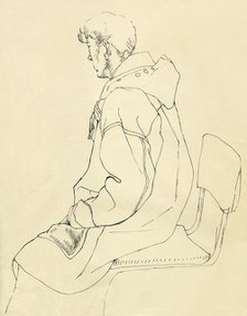 Seated man in duffel coat, c1952. Creator: Shirley Markham.