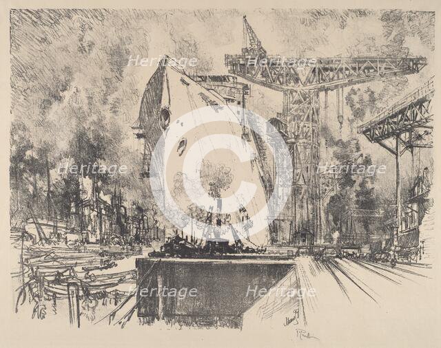 Building the Bismarck, Hamburg, 1914. Creator: Joseph Pennell.