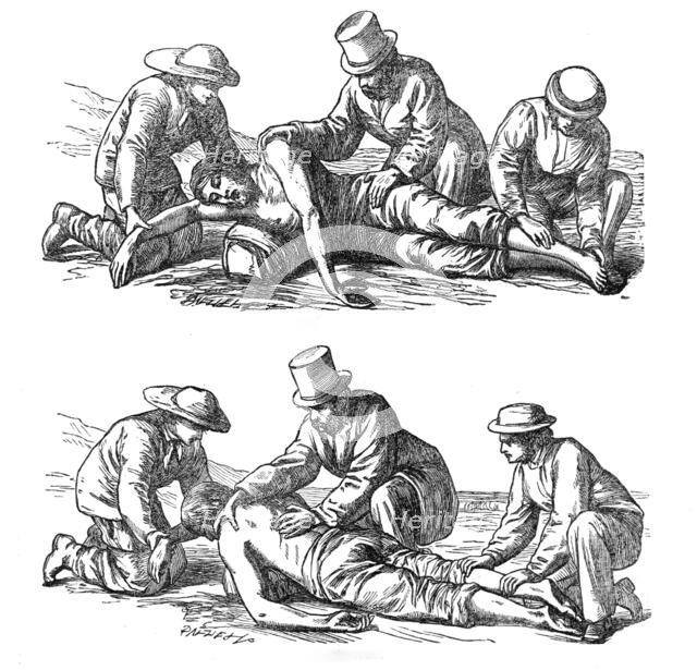 Restorative treatment of the apparently drowned: Dr...Hall's method of inducing respiration, 1864. Creator: Dalziel Brothers.