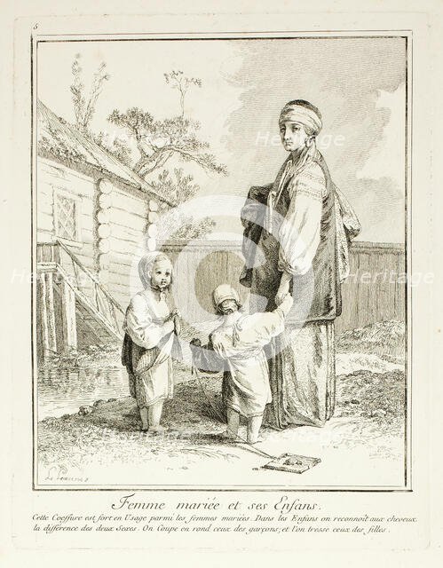 Married Woman and her Children, plate five from Divers Habillements des Peuples du Nord, 1765. Creator: Jean Baptiste Le Prince.