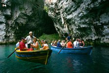 Tourist boat trip, Melissani Lake, Kefalonia, Greece.