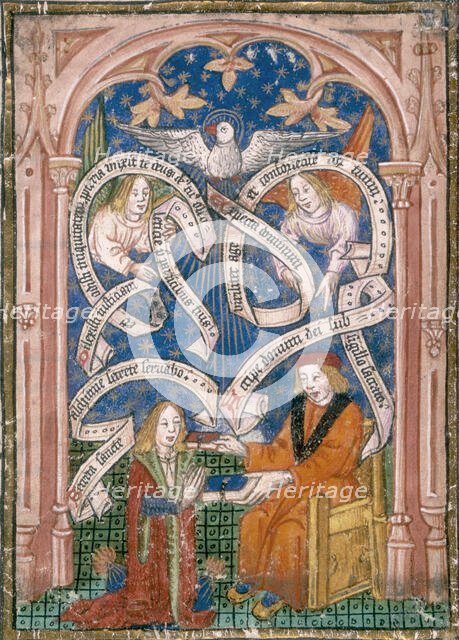 An alchemical disciple receives a book from his master, c1477.  Creator: Unknown.