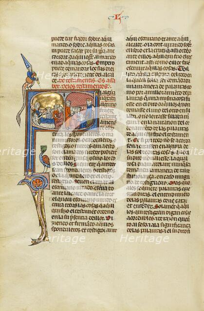 Initial S: A Family at the Bedside of a Man and Three Men before a Judge, about 1290-1310. Creator: Unknown.