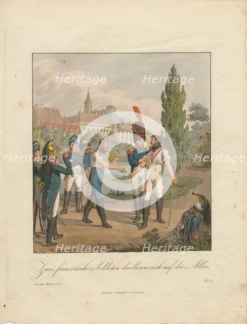 Two French soldiers fighting a duel on an avenue. Artist: Geissler, Christian Gottfried Heinrich (1770-1844)