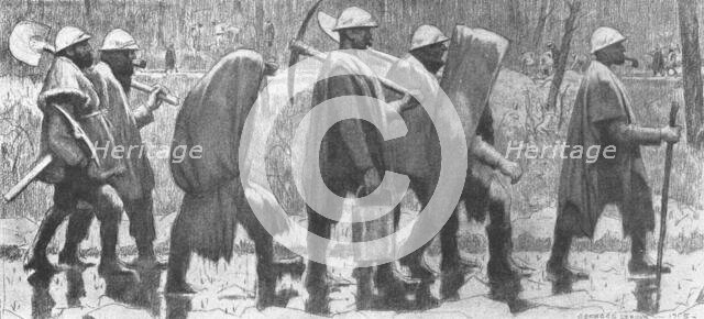 ''Choses vues a la guerre; territoriaux revenant de corvee sous la pluie.', 1915. Creator: Georges Leroux.