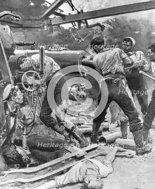 '' Au fort de la bataille Jutland ; "Servant les pieces jusqu'a la fin ! "', 1916. Creator: Fortunino Matania.