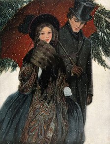 An elegantly dressed couple walk arm in arm under an umbrella, 1905. Creator: Unknown.