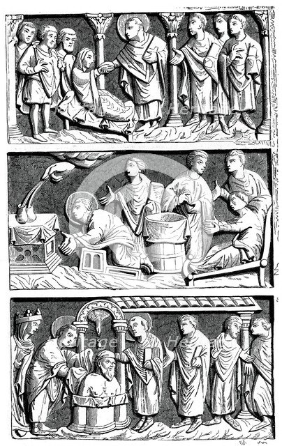 A triptych of the healing work of St Remy, Bishop of Reims, 11th century (1870). Artist: Unknown