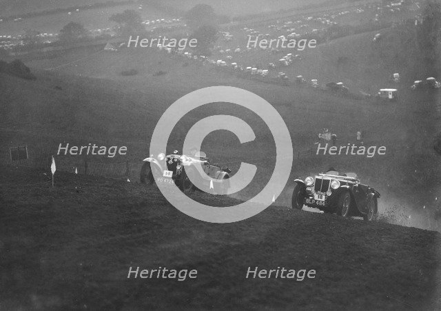 Frazer-Nash and MG NA Magnette competing in the MG Car Club Rushmere Hillclimb, Shropshire, 1935. Artist: Bill Brunell.
