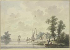 A barge lies by a farmhouse, a riverbank is visible in the foreground on the right, a boat... Creator: Nicolaas Wicart.