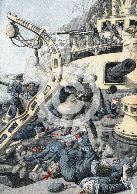 Explosion on a Russian warship, Russo-Japanese War, 1904-5. Artist: Unknown