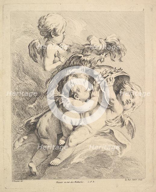 Three Cupids Holding a Helmet. Creator: Louis Felix de la Rue.