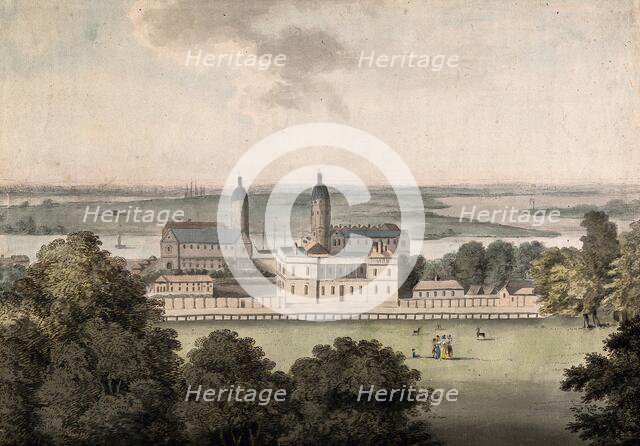 The Royal Naval Hospital and the Queen's House, Greenwich, the Isle of Dogs beyond, c1800s.. Creator: George Samuel.