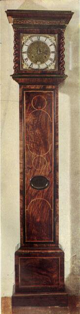 'Early Long-Case Clocks - Thirty-hour, ten-inch dial clock. Walnut veneer and inlaid boxwood stringi Creator: Unknown.