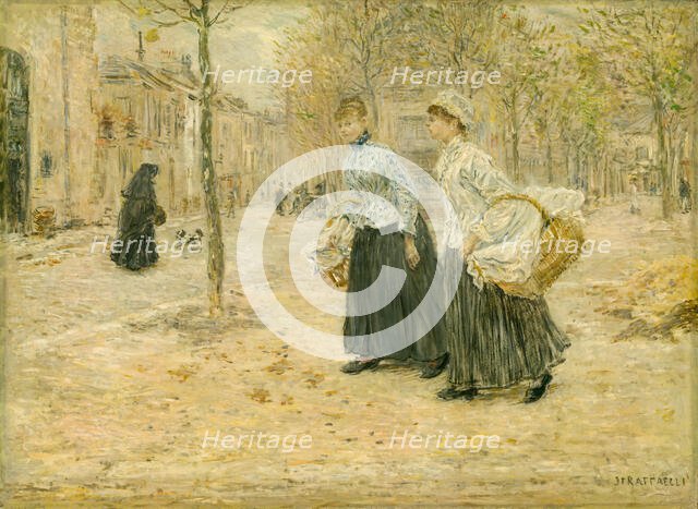 Two Washerwomen Crossing a Small Park in Paris, c. 1890. Creator: Jean Francois Raffaelli.