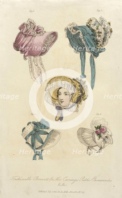 Fashion Plate (Fashionable Bonnets for the Carriage, Public Promenades), 1822. Creator: John Bell.