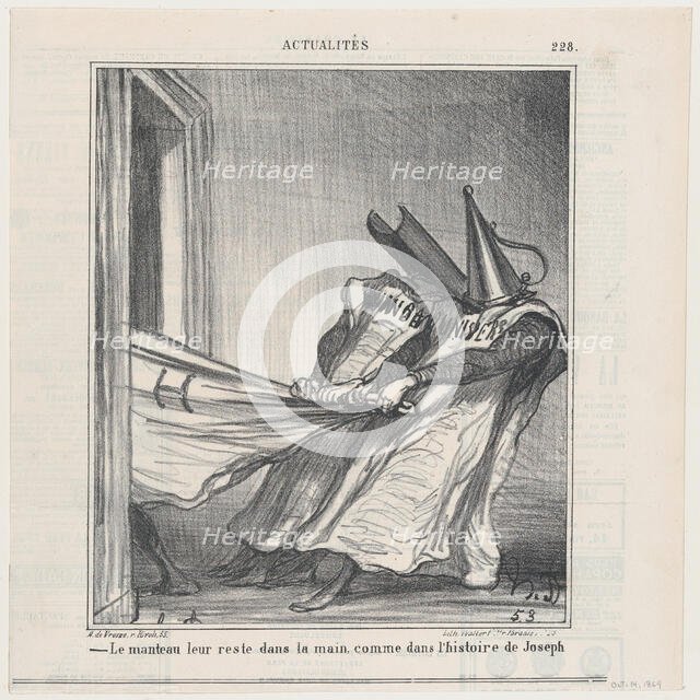 The cloak remains in their hands, like in the story of Joseph, from 'News of t..., October 14, 1869. Creator: Honore Daumier.