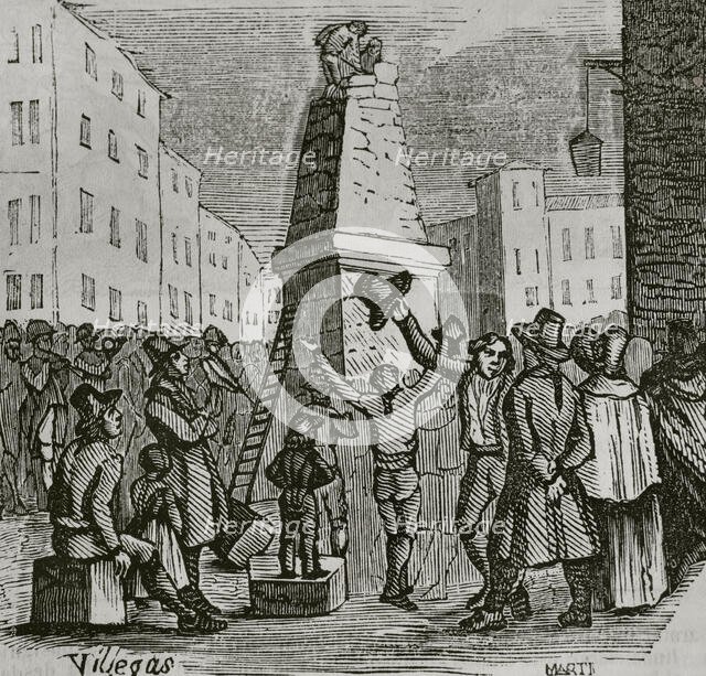 Demolition of the Pyramid of Roncesvalles after the occupation by French troops, War of..., 1851.  Creator: Unknown.