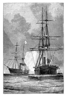 The 'San Jacinto', stopping the 'Trent', 1861. Artist: Unknown