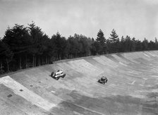 Oliver Bertram's Barnato-Hassan and GA Wooding's Talbot 95 Special, Brooklands, 1938. Artist: Bill Brunell.