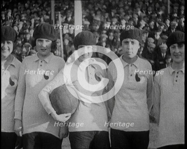 Women Football Players Lines up Ready to Begin the Match, 1920. Creator: British Pathe Ltd.
