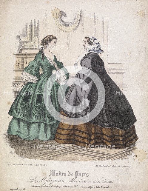 Two women wearing the latest fashions, 1858. Artist: Anon