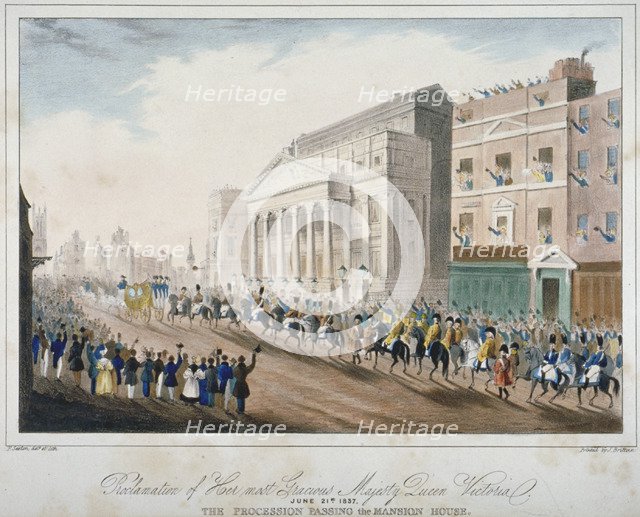 Procession passing Mansion House, City of London, 1837. Artist: E Sexton