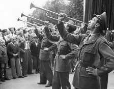 Fanfare by military trumpeters, celebration in the market place, Trelleborg, Sweden, 1946. Artist: Unknown