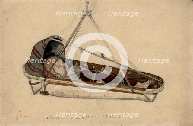 A child in a birch bark cradle, Selkups, 1920. Creator: A. G. Vargin.