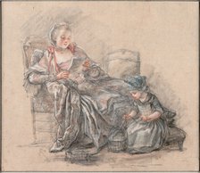 Woman Reading and a Girl Playing (Marquise de Pompadour with her daughter Alexandrine), ca 1748. Artist: Guérin, François (1751-1791)