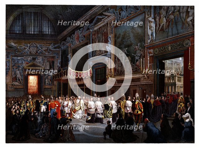 Pontifical ceremonies. Procession of the Blessed Sacrament to the Sistine Chapel. Color engraving…