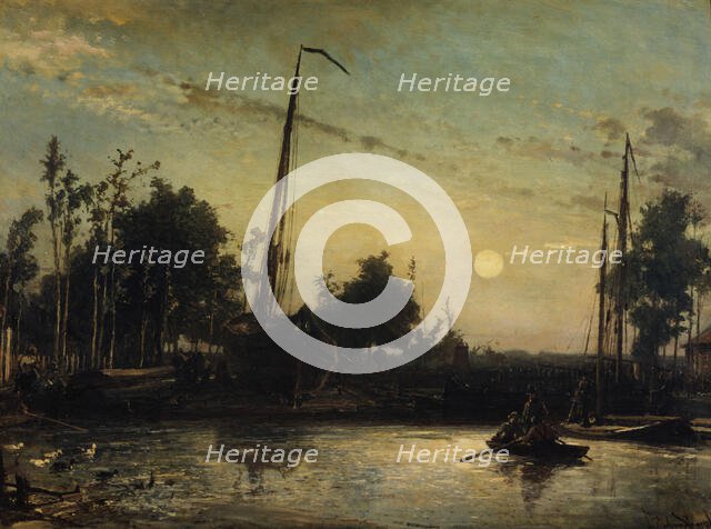 Boat under construction by the canal, Dutch landscape, 1857. Creator: Johan Barthold Jongkind.