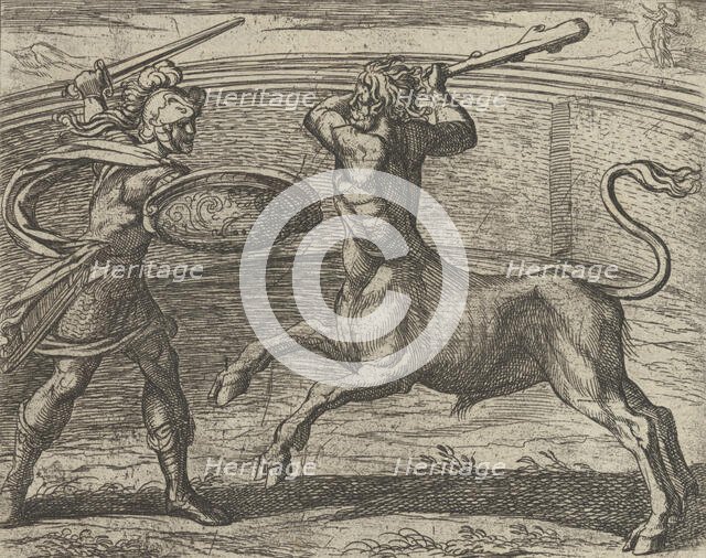 Theseus and the Minotaur (Minotaurum Theseus vincit), from The Metamorphos..., Published after 1606. Creator: Antonio Tempesta.