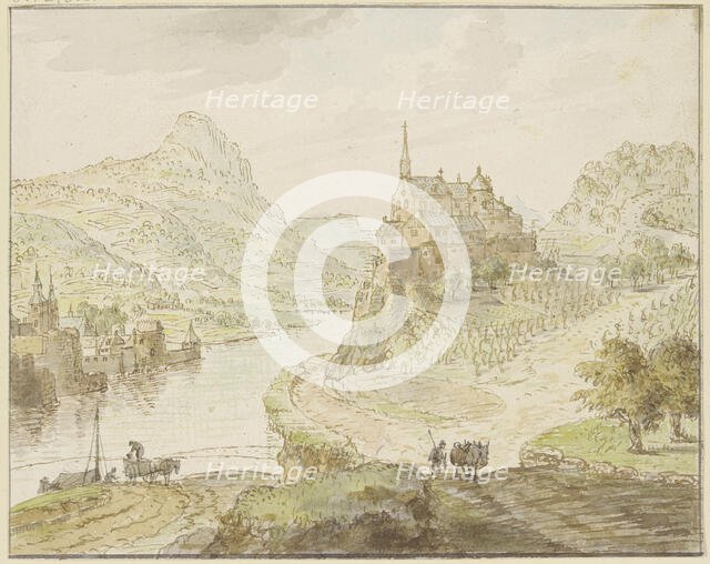 River between mountains, a monastery on a rock to the right. Creator: Cornelis Verdonck.