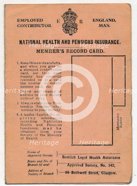 'National Health and Pensions Insurance Card: Member's Record Card', c1930s. Artist: Unknown.