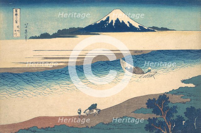 Tama River in Musashi Province (Bushu Tamagawa), from the series Thirty-six Views o..., ca. 1830-32. Creator: Hokusai.