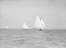 The 6 Metre 'The Whim' (L6) and 'Correnzia' racing downwind, 1911. Creator: Kirk & Sons of Cowes.