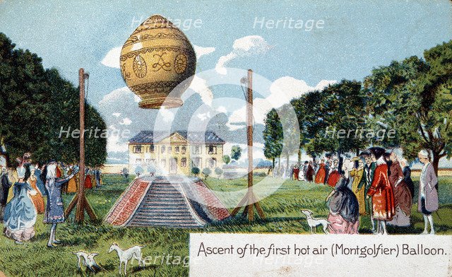 First ascent of Mongolfier hot air balloon, 21 November 1783. Artist: Unknown