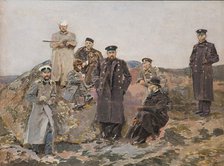 Group portrait of Savva Mamontov, Sergei Witte with the railway engineers.