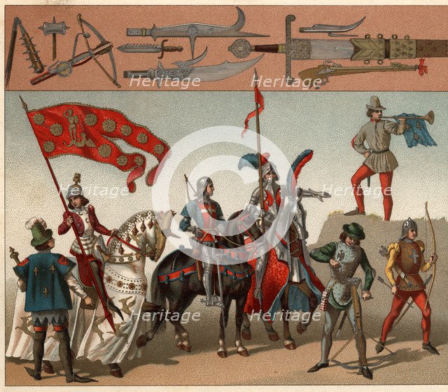 Offensive weapons. Knights in armor and infantry archers, crossbowmen and trumpet.