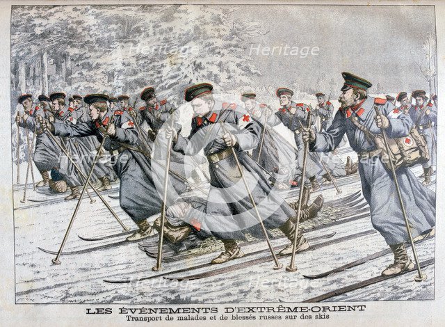 Transporting sick and wounded Russian troops on skis, Russo-Japanese War, 1904. Artist: Unknown
