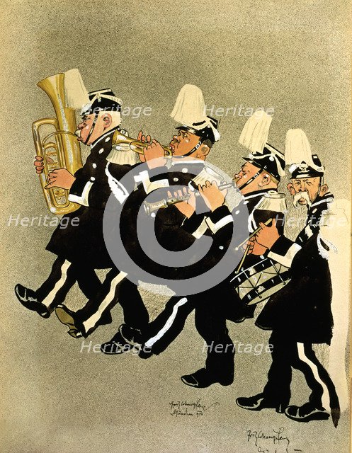 Military band, caricature, 1900.