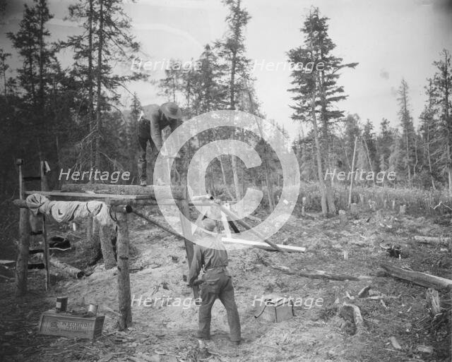 Sawing a log, 1916. Creator: Unknown.