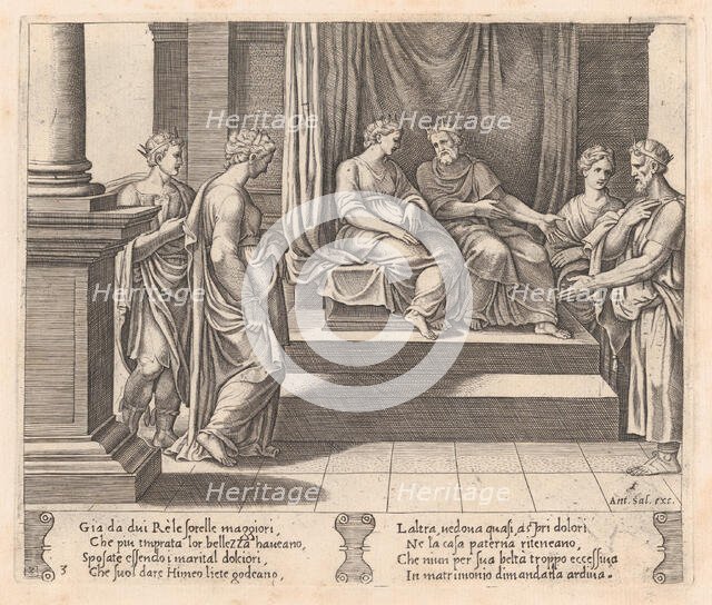 Plate 3: Psyche's two sisters are married to kings, with Psyche standing at left, accom..., 1530-60. Creator: Master of the Die.