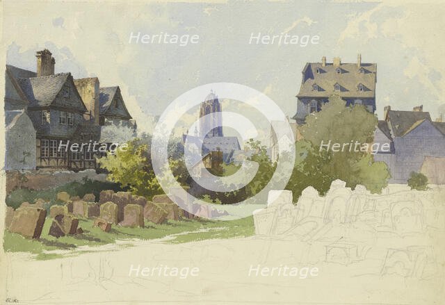 View across the Jewish Cemetery on Battonnstraße in Frankfurt am Main towards St. Barth..., 1862. Creator: Alexander Gwinner.