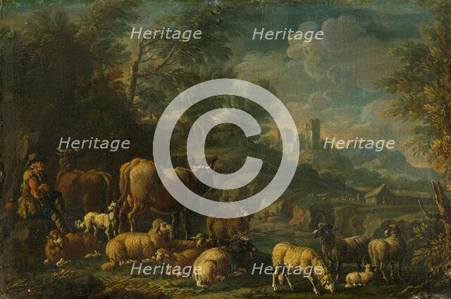 Herdsman with his Herd in Romantic Landscape, last 3rd 18th century. Creator: Unknown.