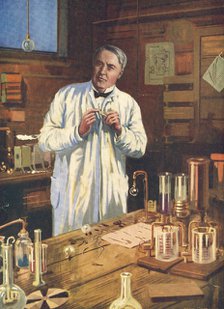 Thomas Edison, American inventor, in his laboratory, Menlo Park, New Jersey, USA, 1870s (1920s). Artist: Unknown