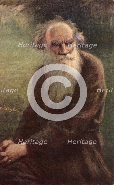 Portrait of the author Leo N. Tolstoy (1828-1910), 1910. Artist: Styka, Jan (1858-1925)